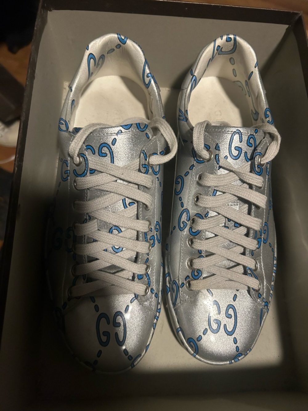 Gucci Silver Leather Sneakers with Blue GG Motif